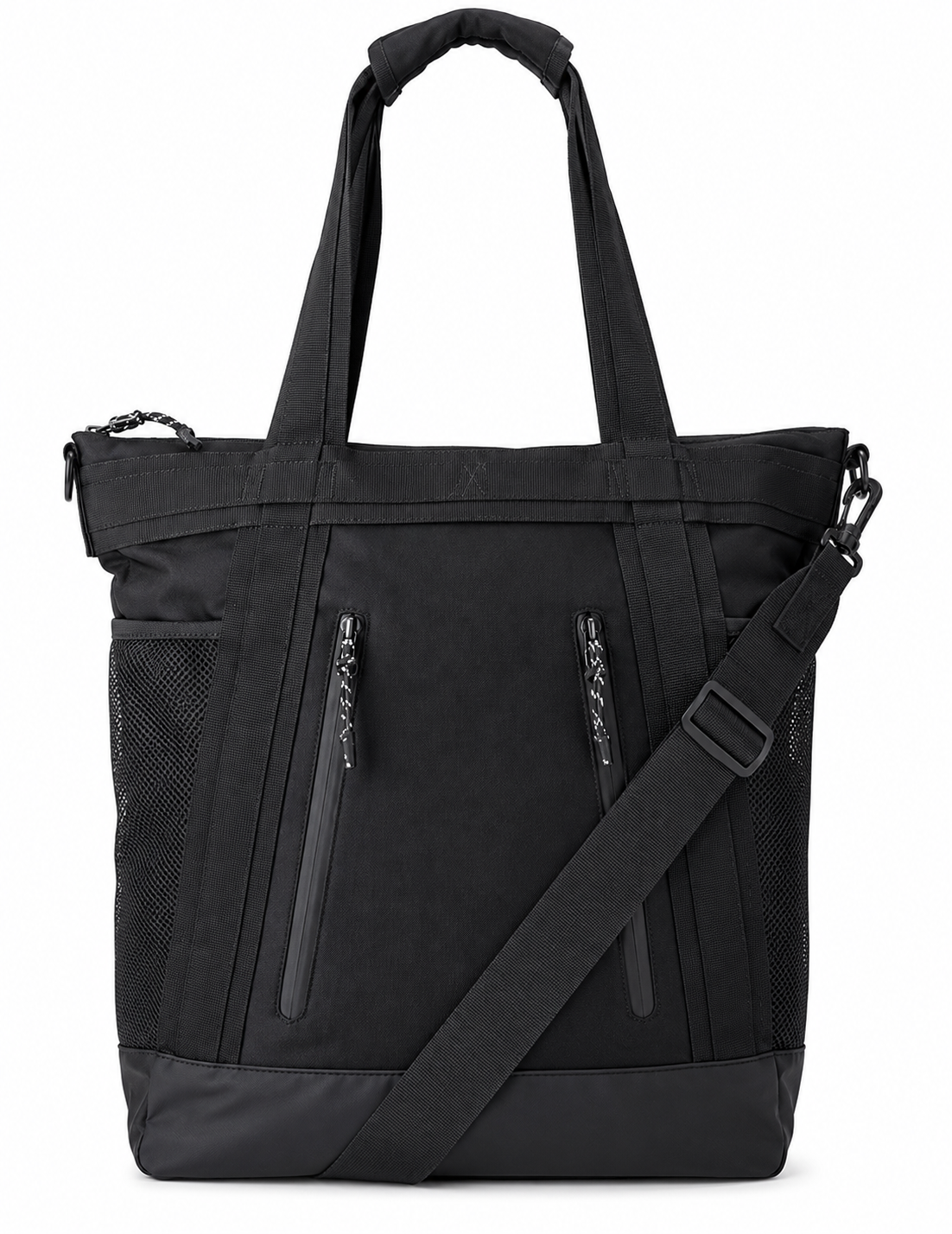 Black convertible tote backpack with shoulder strap and mesh side pockets