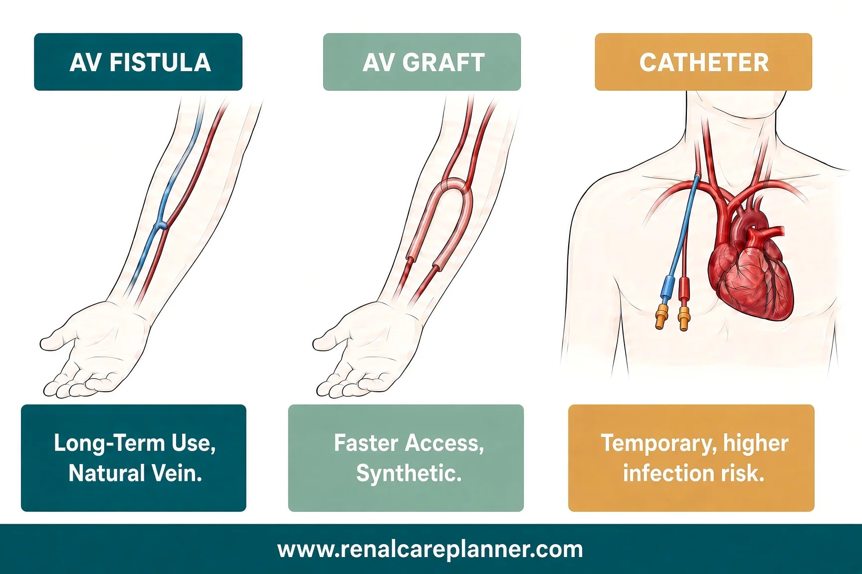 Illustration comparing a hemodialysis fistula, graft, and catheter