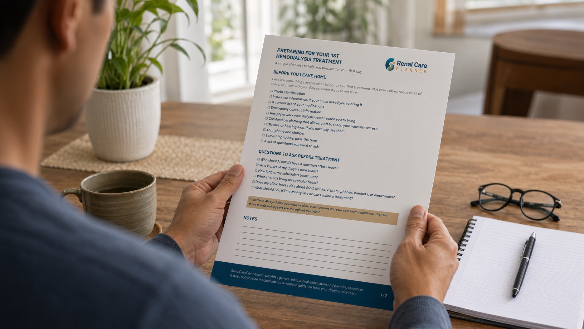 Person reviewing a first hemodialysis treatment preparation checklist at a table
