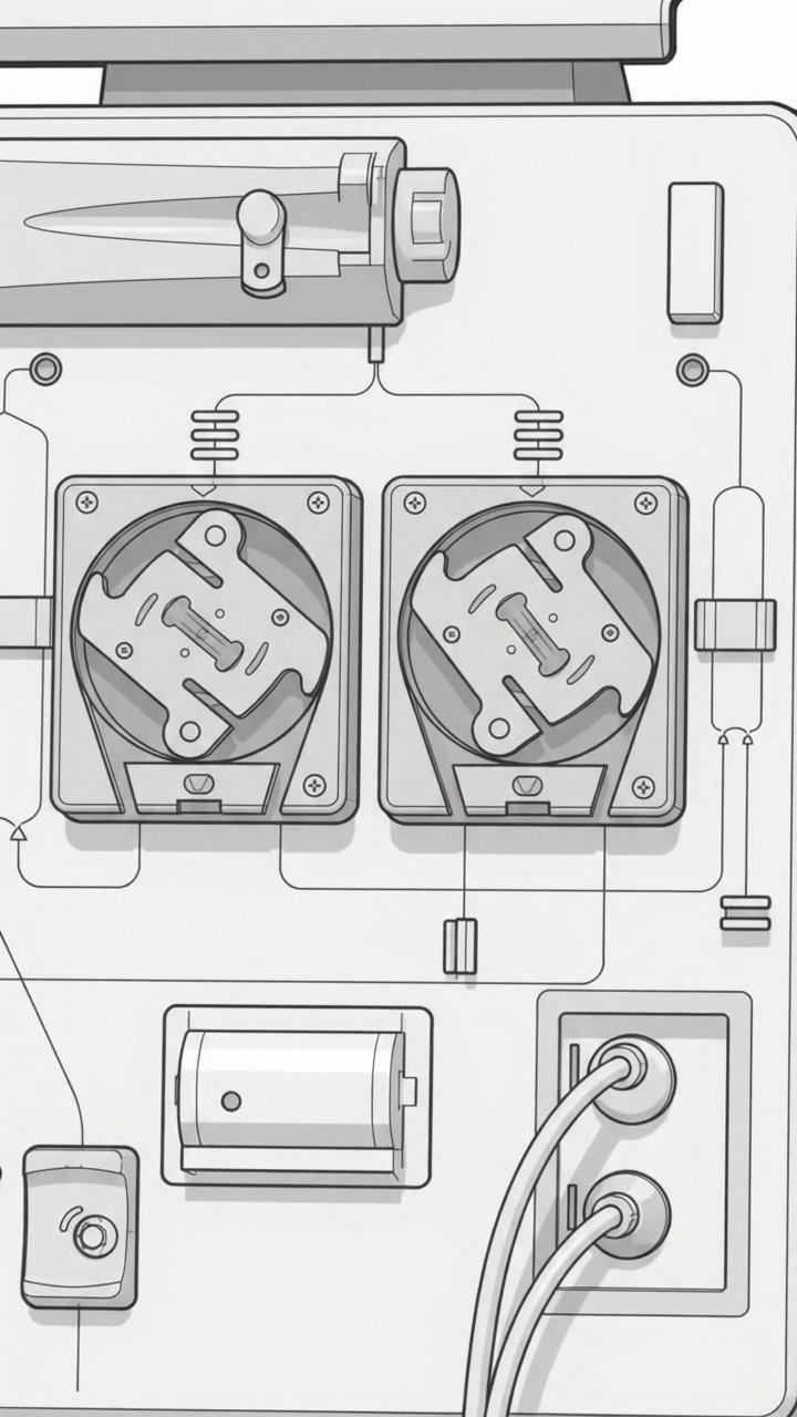Close-up technical illustration of the dialysis machine pump area