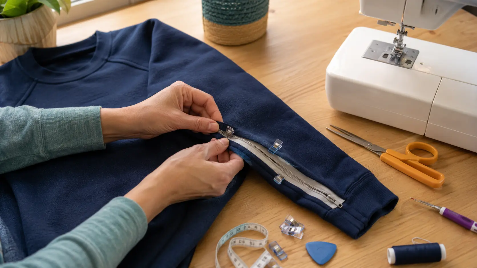 Hands installing a zipper along the sleeve of a navy sweatshirt on a home sewing table