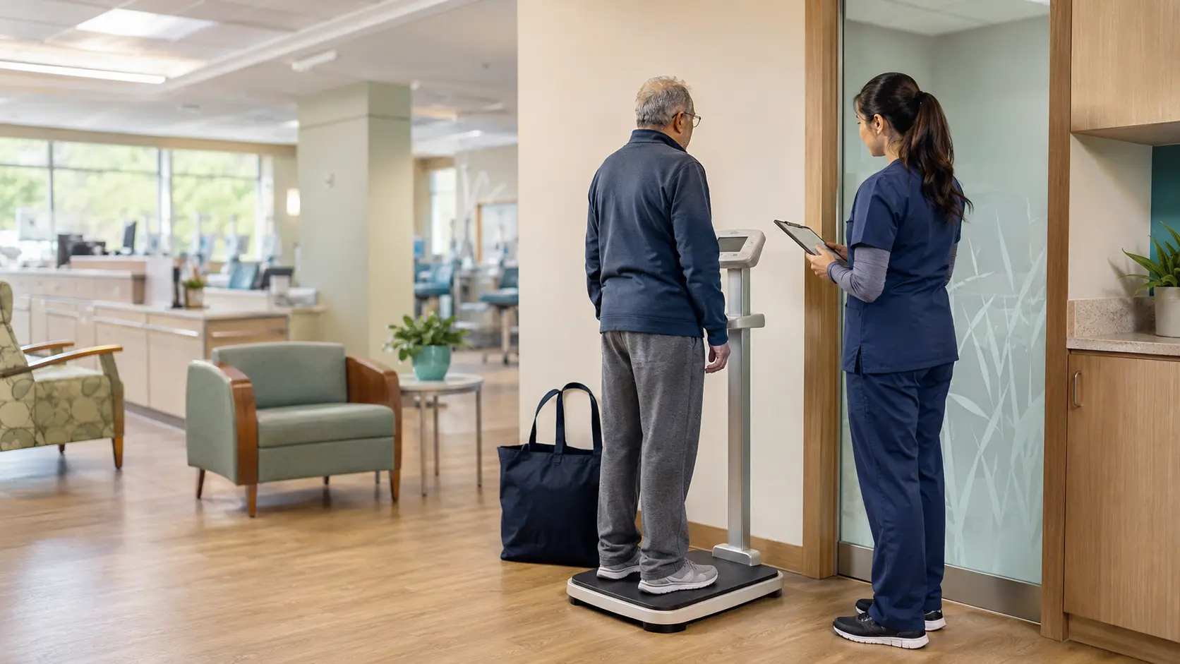 Patient standing on a medical scale while a dialysis technician records the weight