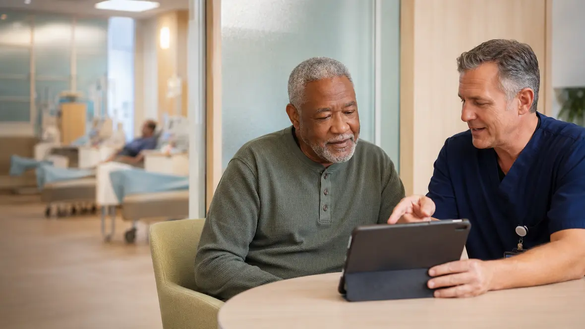 Patient and dialysis care team member discussing vascular access options in a clinic.
