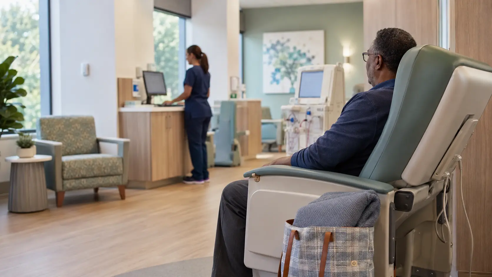 Patient seated before treatment in a calm outpatient dialysis center while a technician prepares nearby