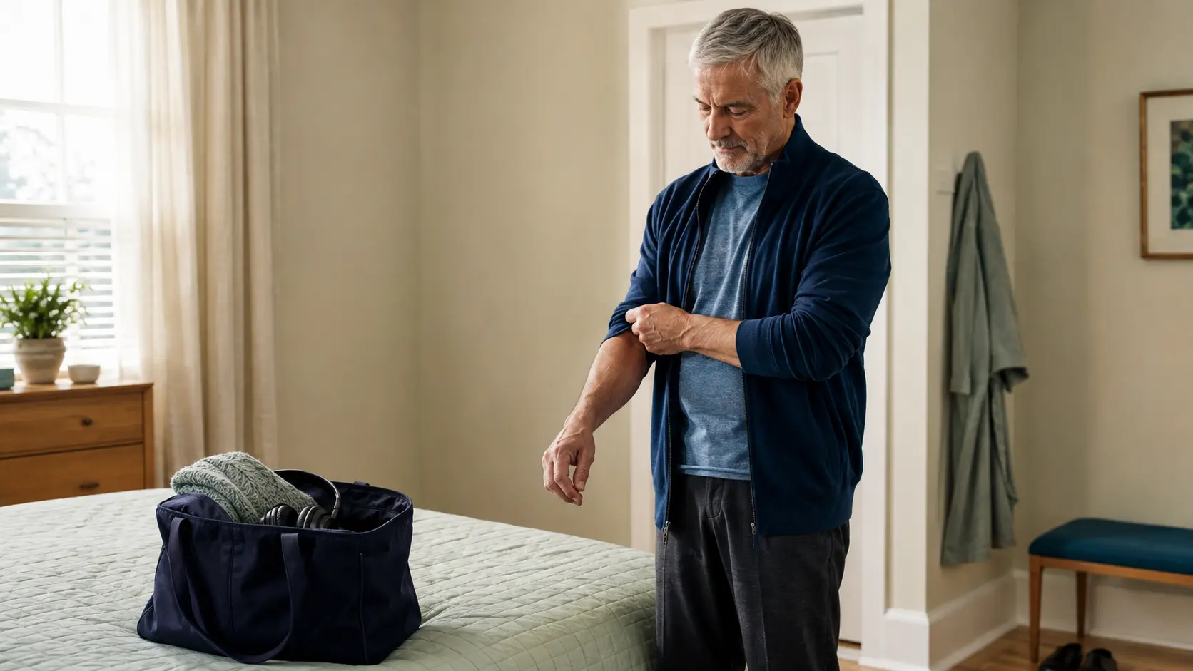 Older man adjusting a loose jacket sleeve beside a packed treatment-day tote