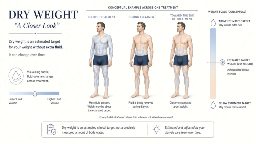 “A Closer Look” medical editorial illustration showing one adult body across treatment with subtle fluid-volume visualization