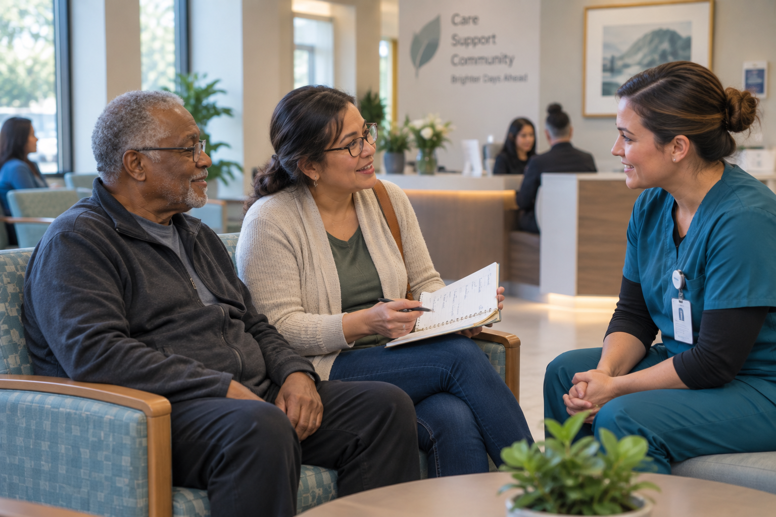 Patient and caregiver discussing a repeated observation with a dialysis nurse.