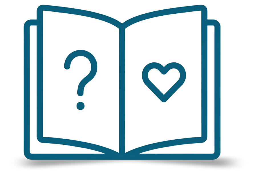Open guide book illustration with a question mark and heart