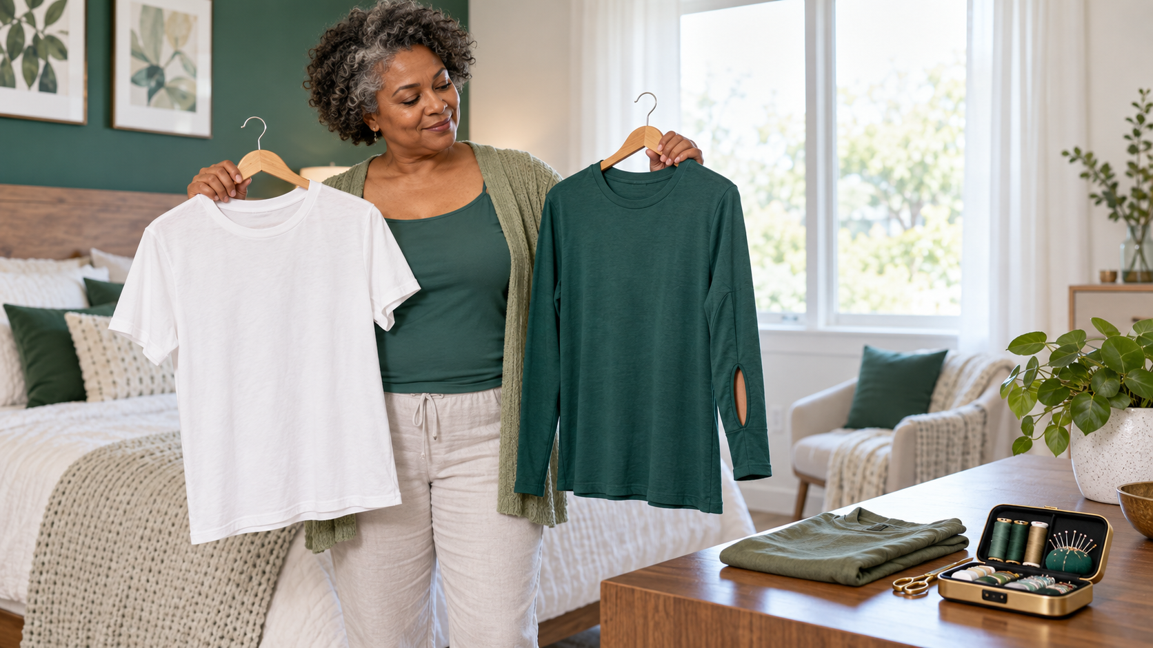 Adult comparing a regular shirt, a DIY option, and access-friendly dialysis clothing.