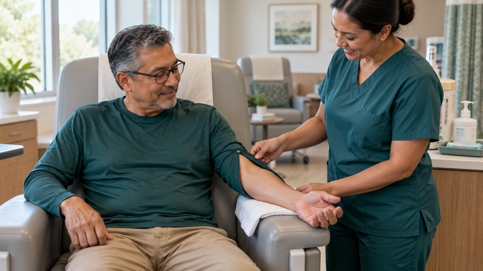 Patient and nurse checking that a shirt leaves the dialysis access easy to reach.