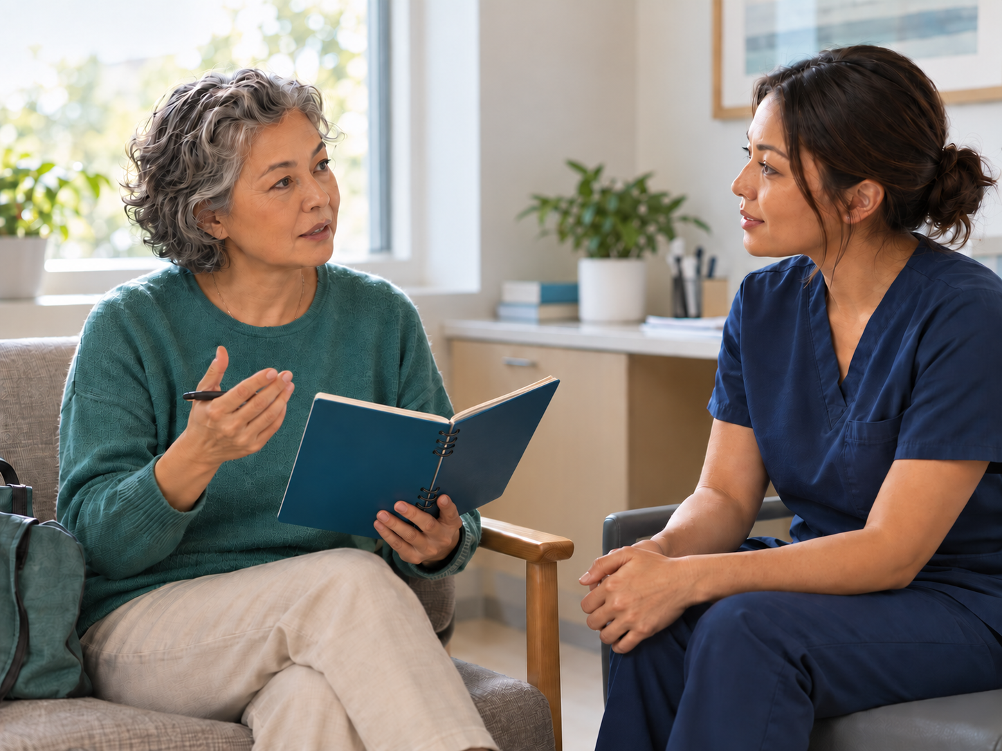An adult organizing a notebook and bag before a dialysis appointment.
