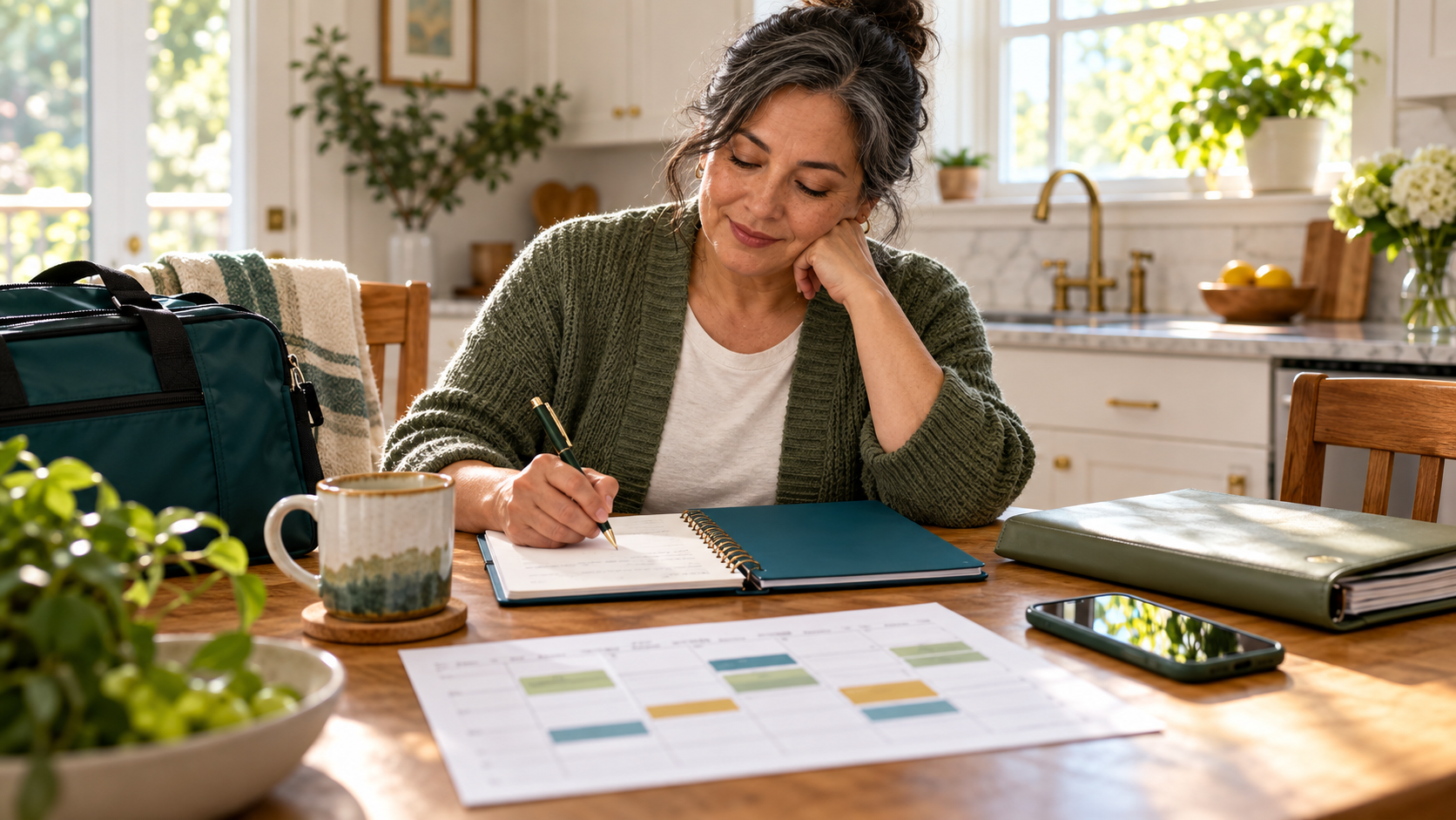 Alt text An adult sits at a sunlit kitchen table after a treatment day, writing in an open teal planner. Nearby are a weekly calendar with colored blocks, a phone, a closed folder, and a treatment bag, creating a calm, organized scene.