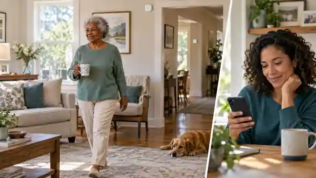 Older adult living independently at home while family stays connected remotely without indoor cameras