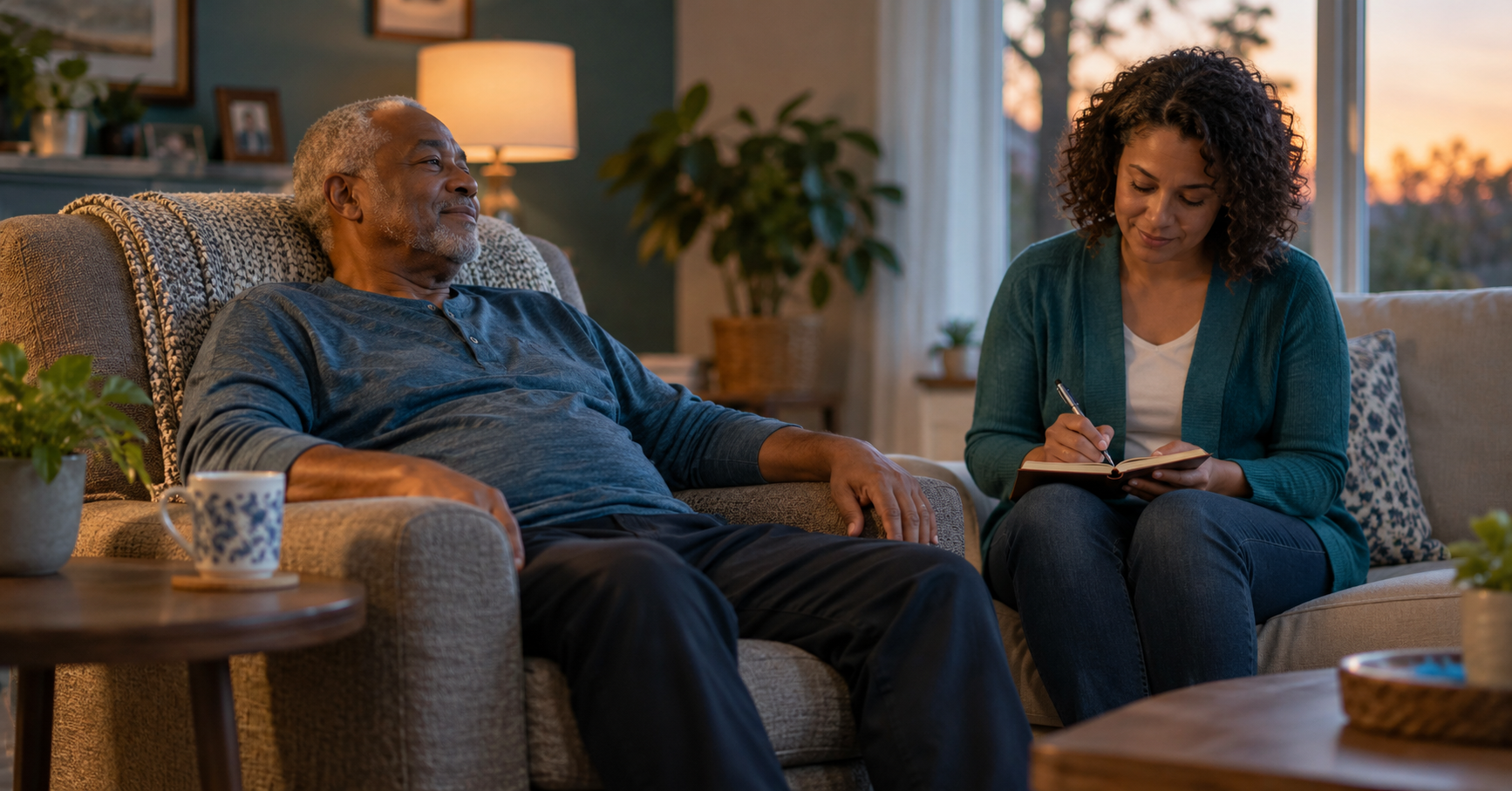 Caregiver writing down an observation while a family member rests after dialysis.