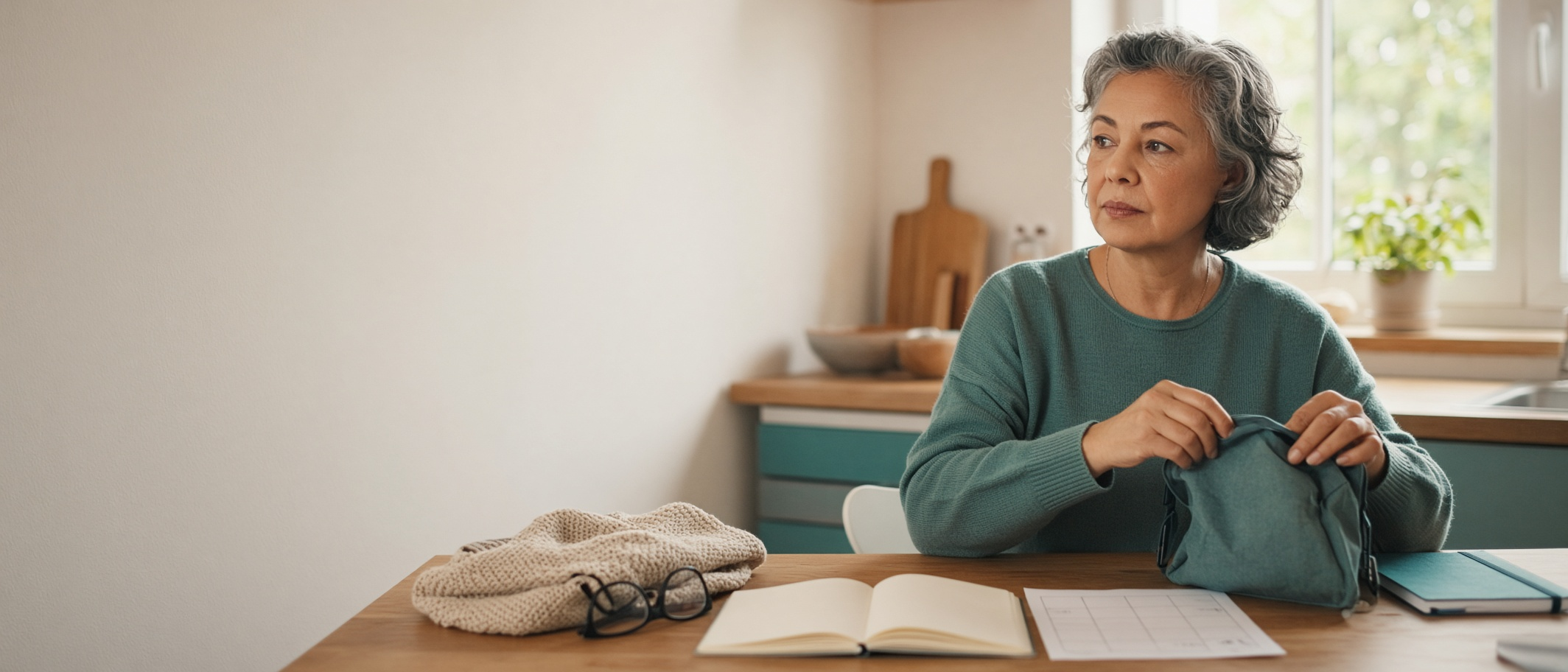 An adult organizing a notebook and bag before a dialysis appointment.
