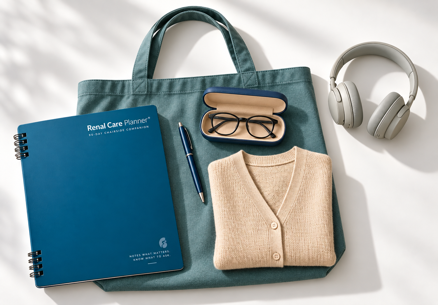An adult organizing a notebook and bag before a dialysis appointment.