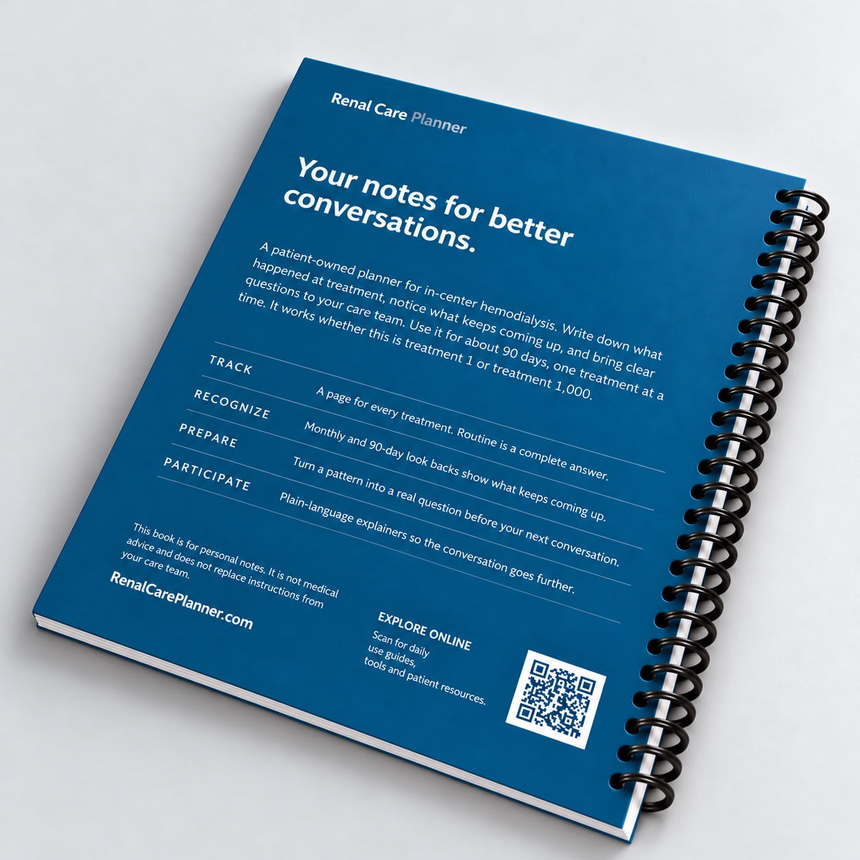Renal Care Planner 90-Day Chairside Companion back cover, spiral-bound treatment planner