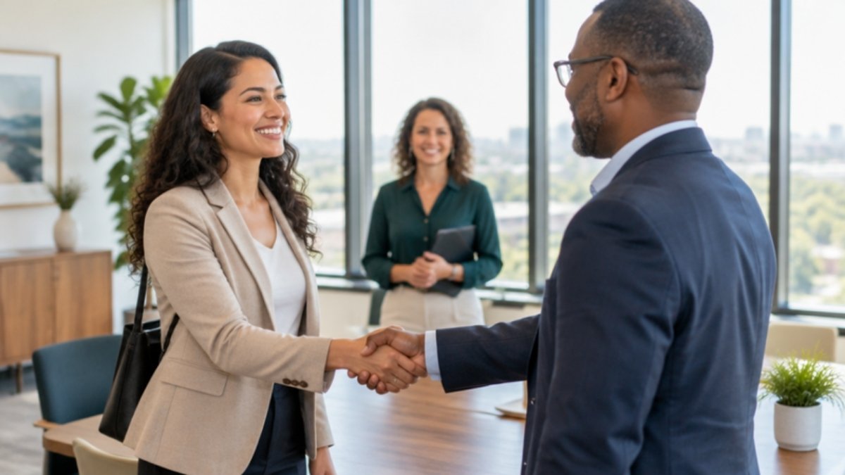 Adult shaking hands at a job interview