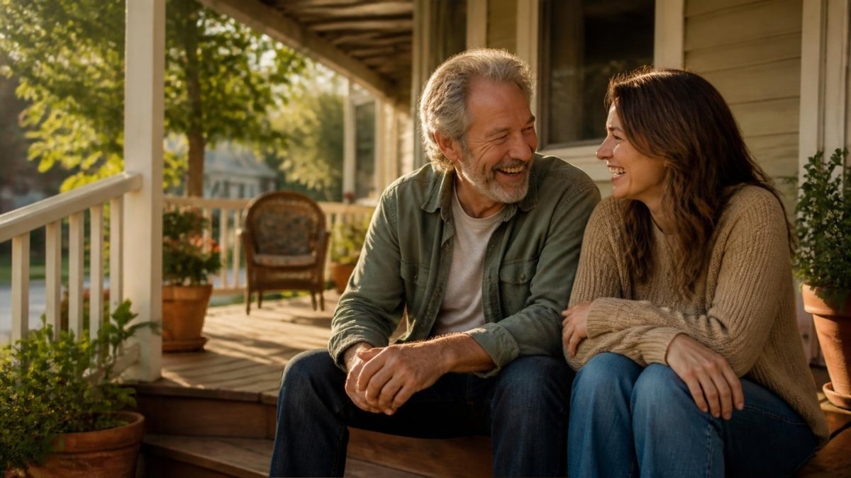 Older man laughing with his adult daughter on a porch