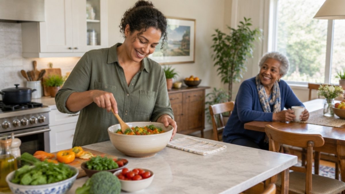 Caregiver cooking a simple meal while an older parent looks on