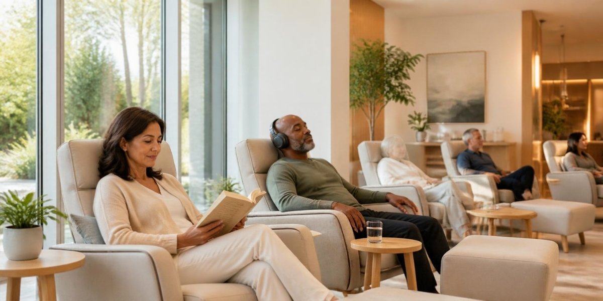 Adults relaxing in clinic recliner chairs