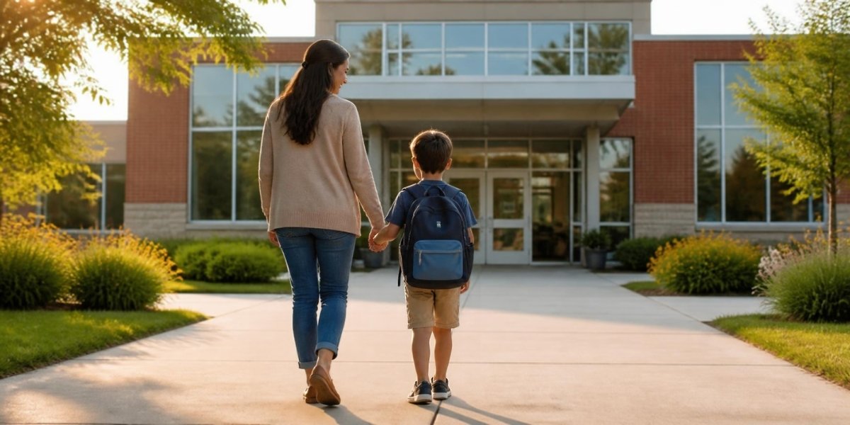 Child walking into school with a parent