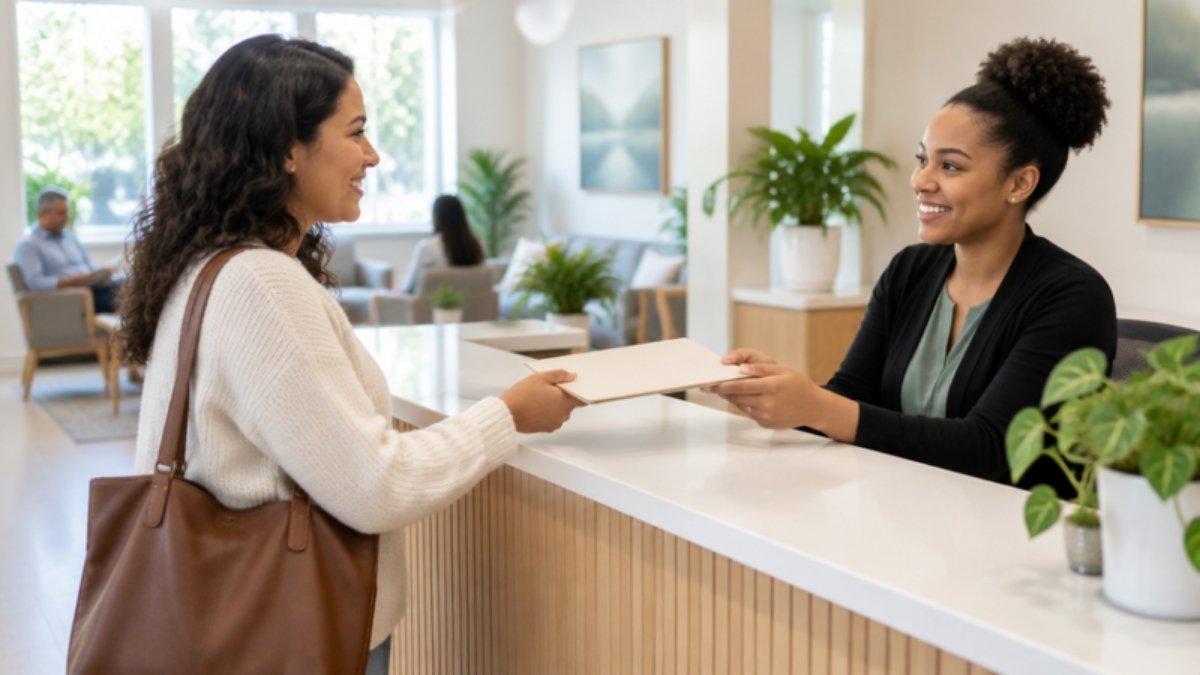 Patient handing paperwork to a clinic receptionist