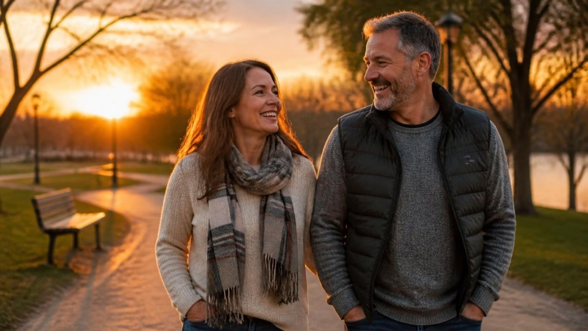 Couple walking in a park at sunset