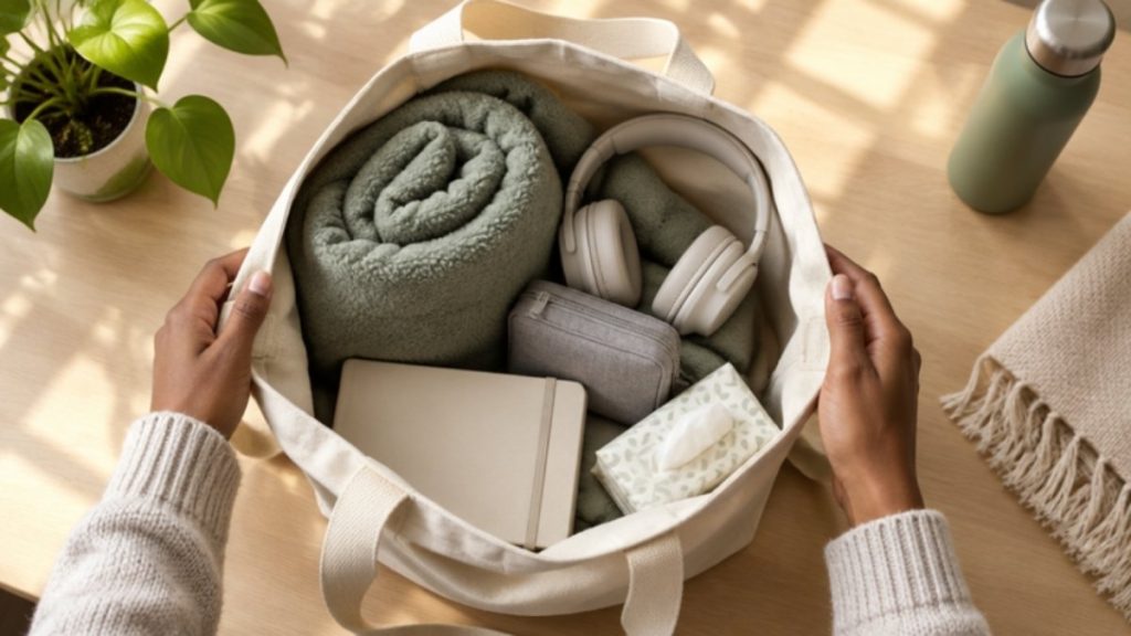 Open, organized treatment-day bag with blanket, headphones and notebook