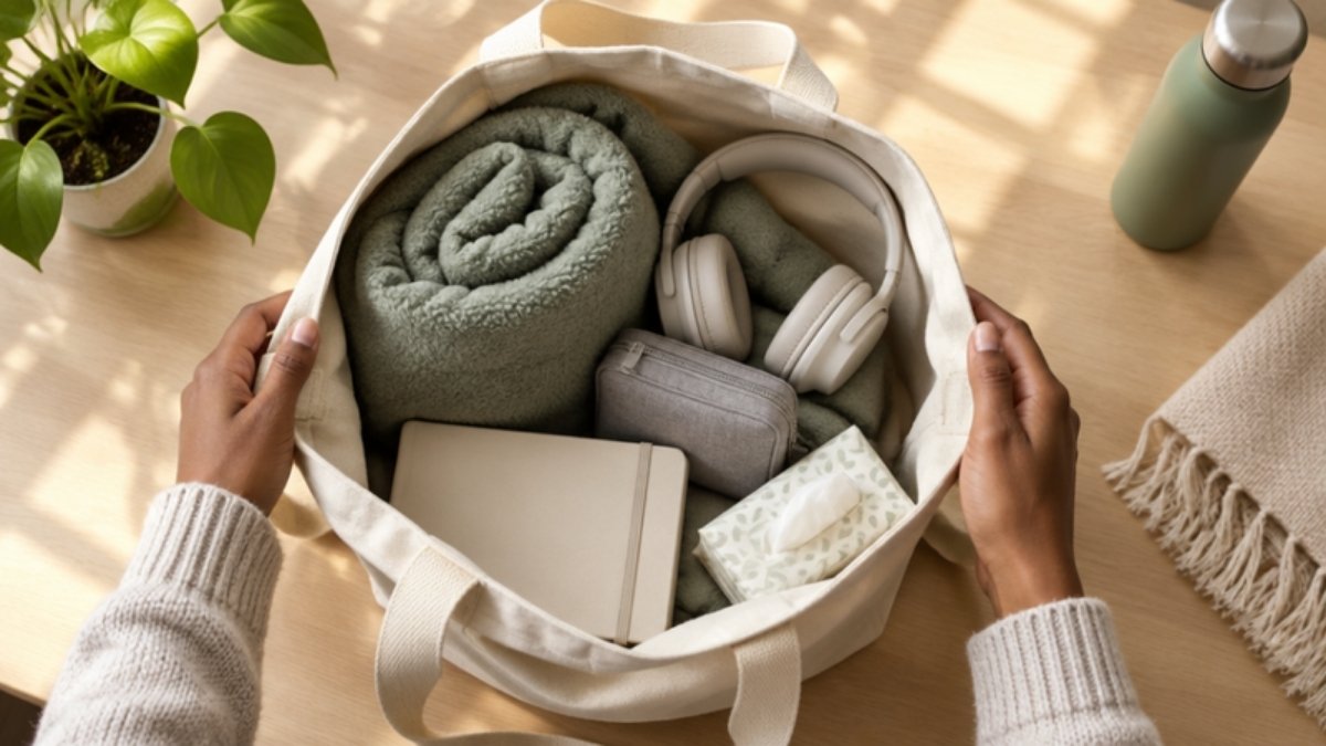 Open, organized treatment-day bag with blanket, headphones and notebook