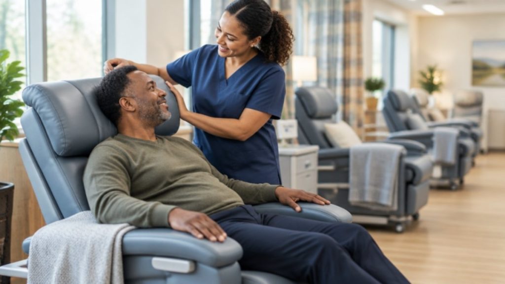 Staff member adjusting a patient's chair headrest