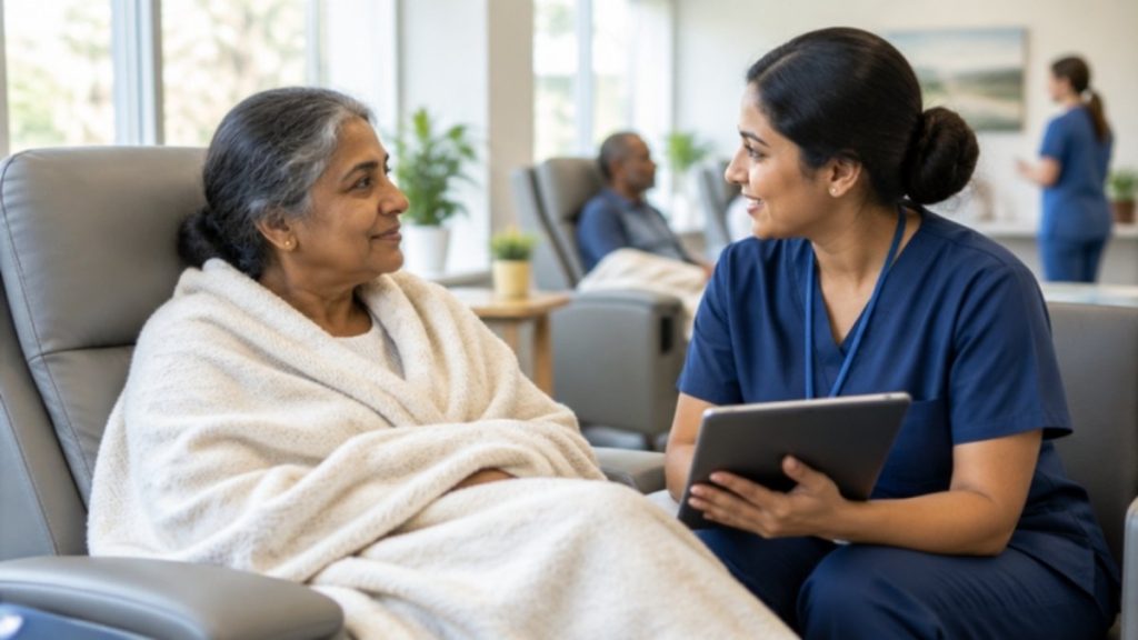 Patient wrapped in a blanket talking with a nurse