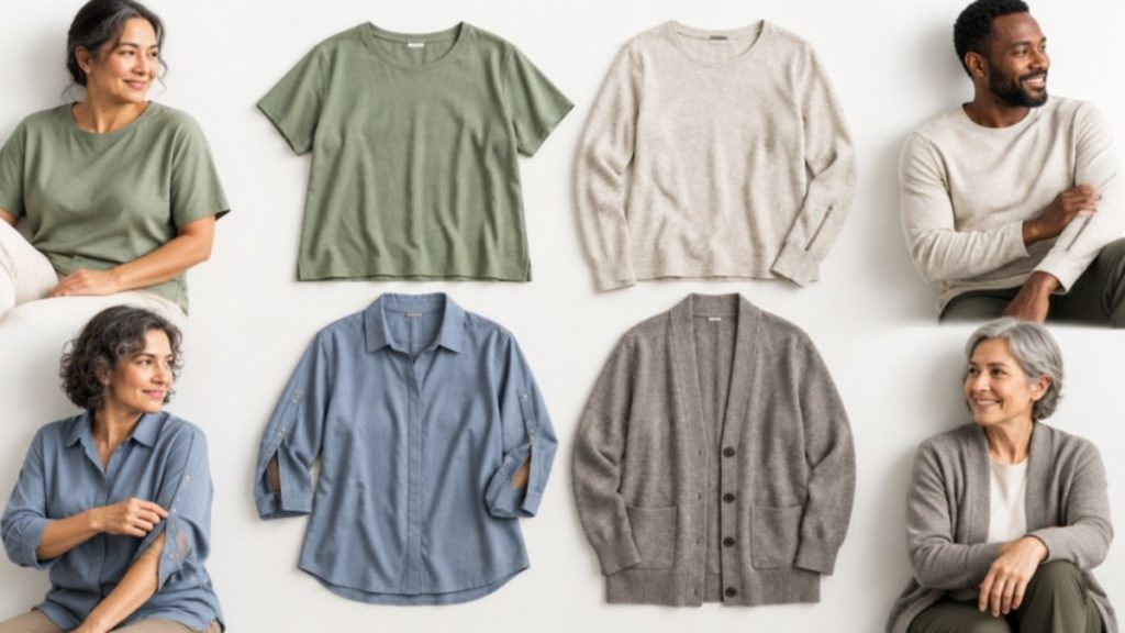 Access-friendly clothing options laid out on a white background