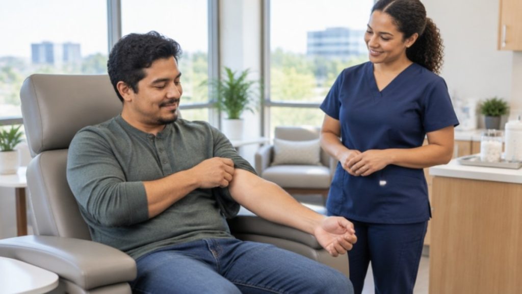 Patient rolling back a loose sleeve before treatment