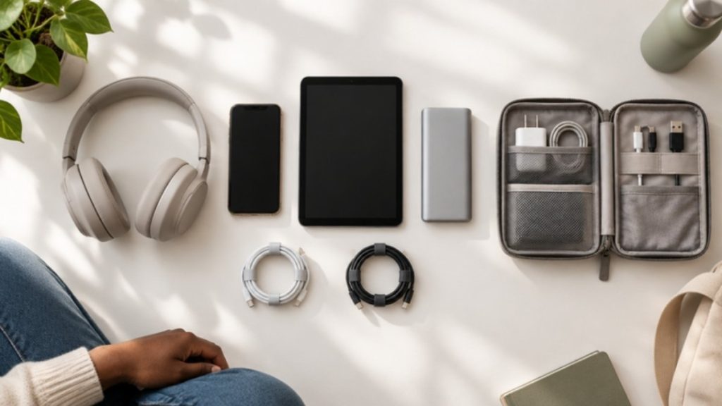 Compact treatment-day tech kit with headphones, phone, tablet and power bank