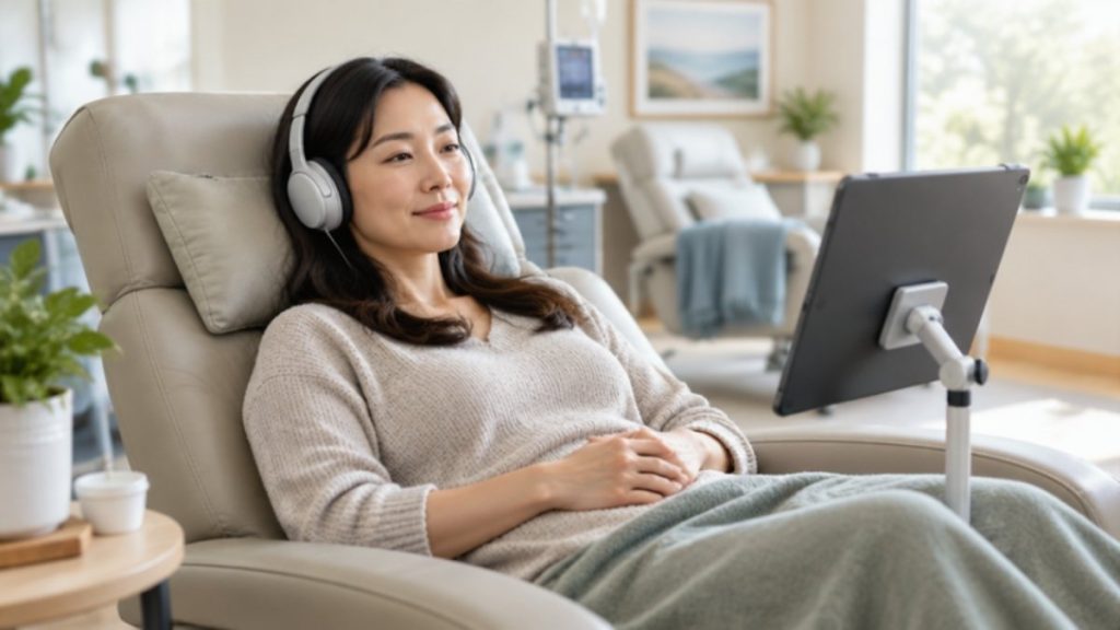 Relaxed patient with headphones and a tablet on a stand
