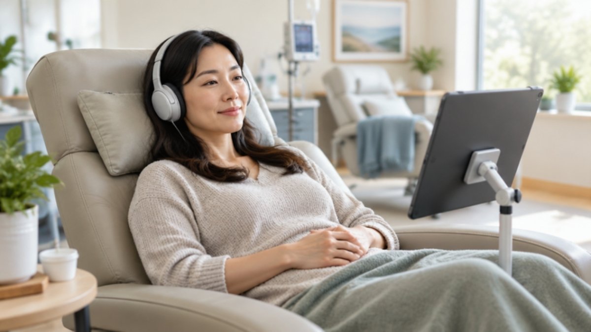 Relaxed patient with headphones and a tablet on a stand