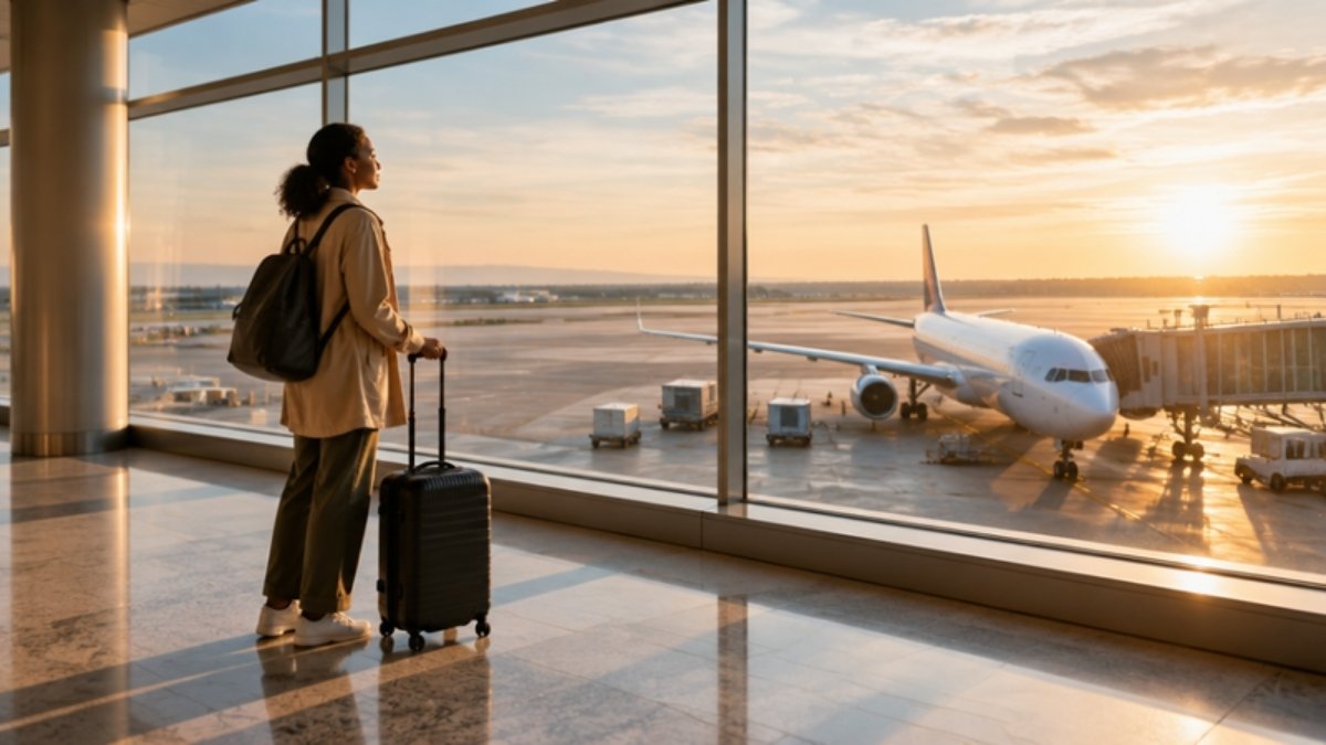 Traveler with a carry-on looking out an airport window