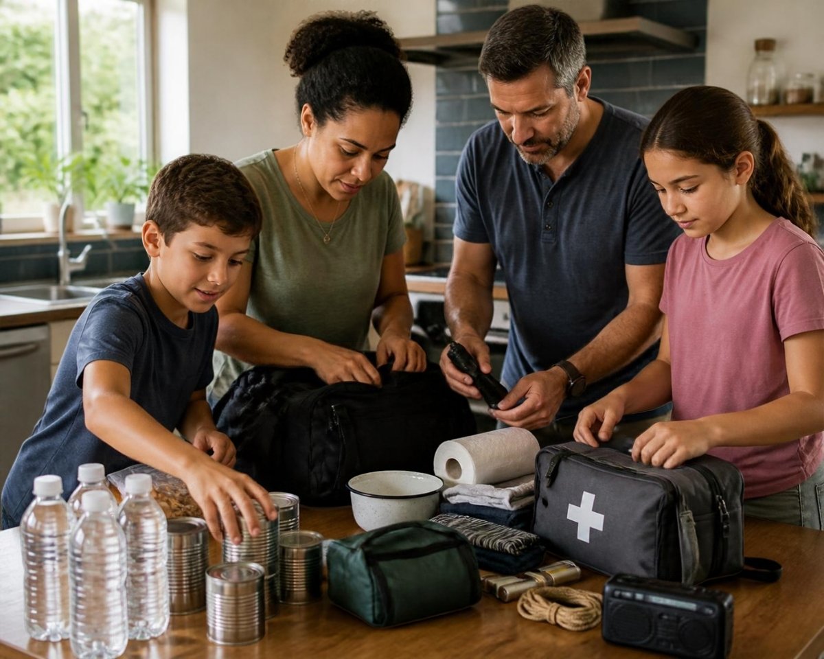 Family packing an emergency kit at the kitchen table