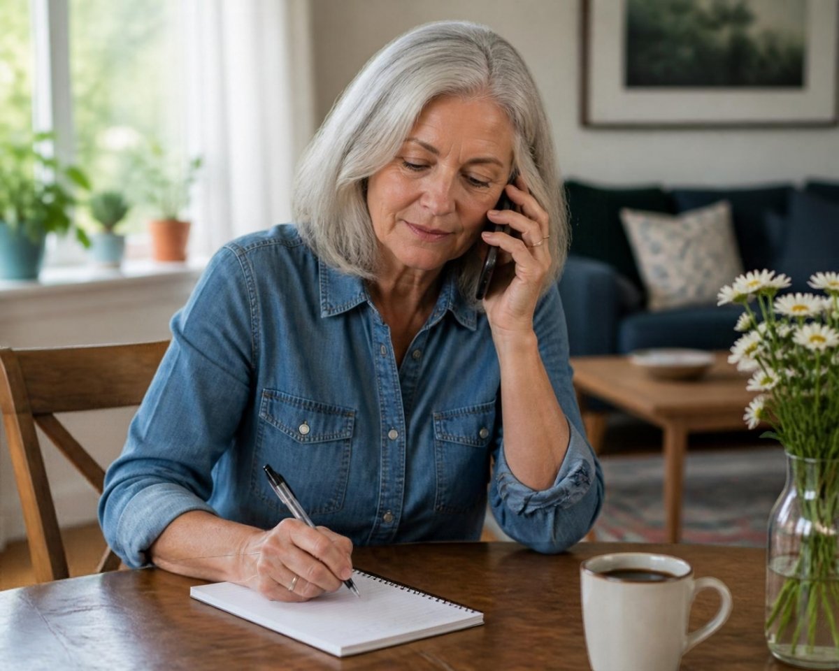 Woman on a phone call taking notes at home
