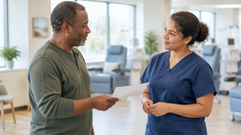 Patient sharing a written note with a dialysis nurse