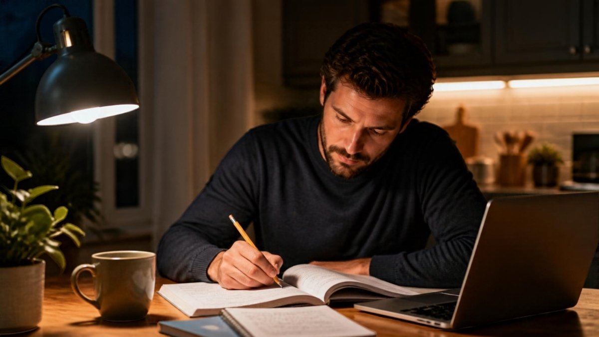 Adult studying with a workbook at the kitchen table
