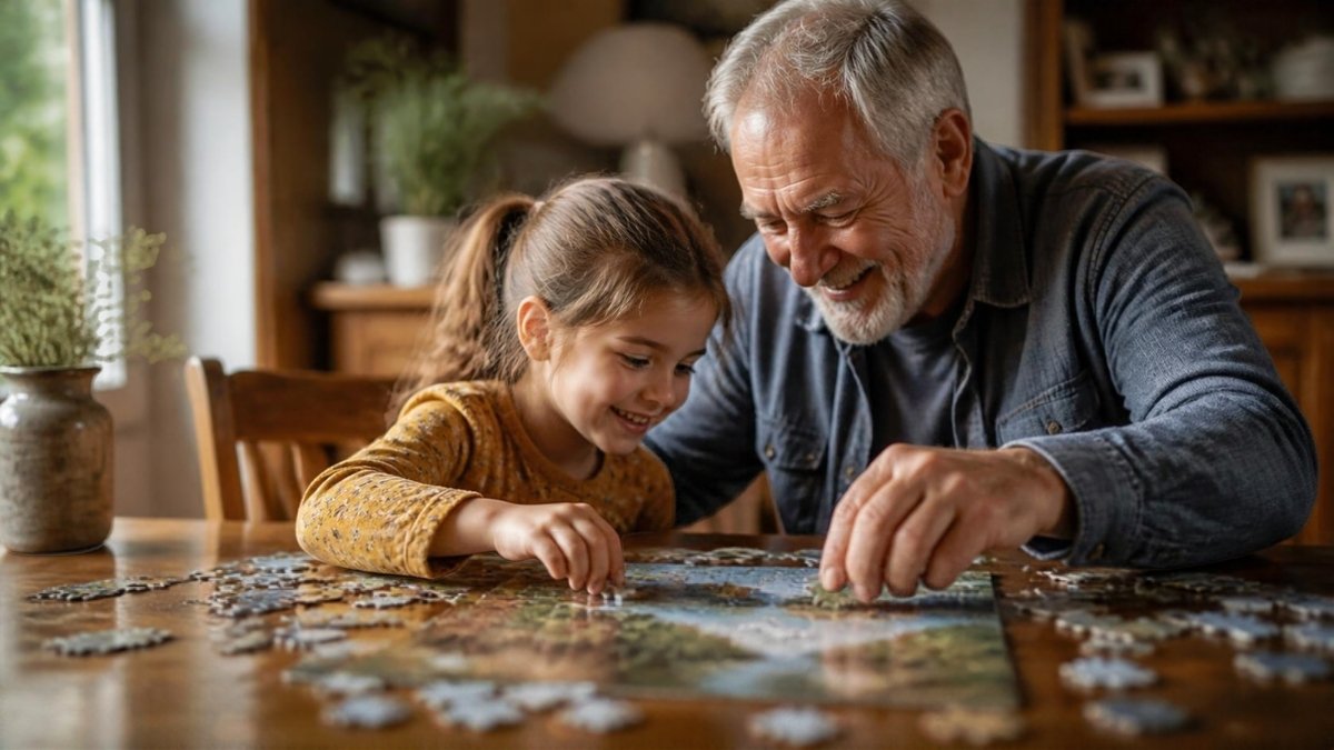 Grandfather and granddaughter doing a puzzle together