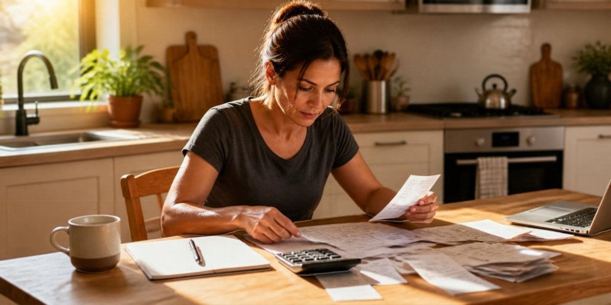 Person sorting bills with a calculator
