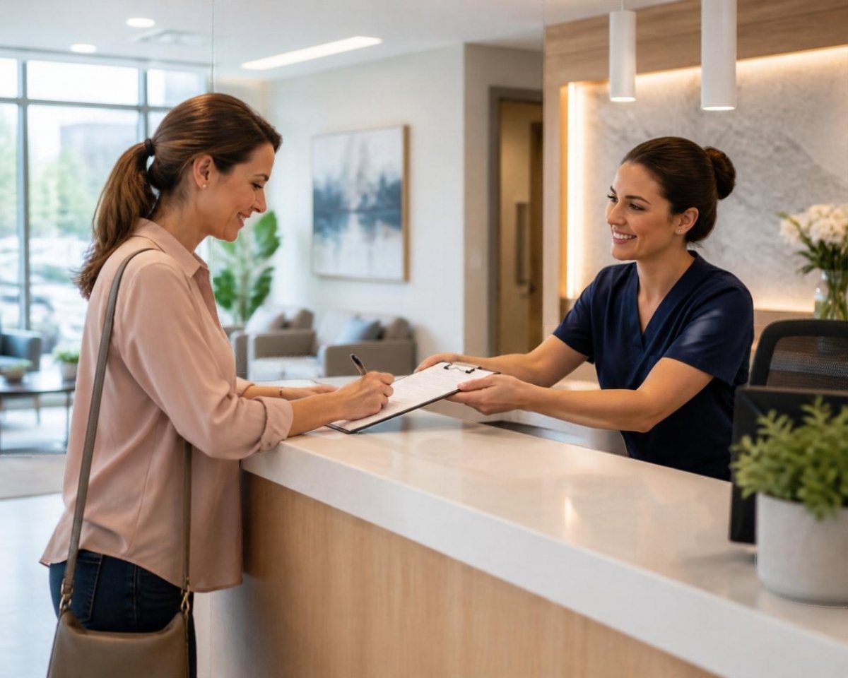 Woman signing a release form at a clinic front desk