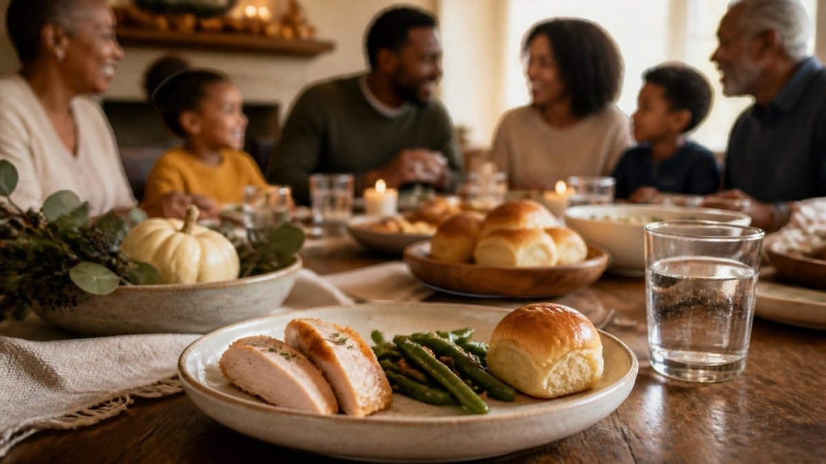 Holiday dinner plate with small portions and a small glass of water