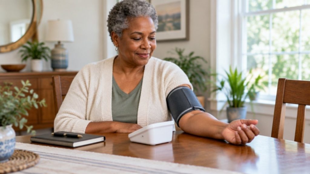 Adult checking blood pressure at home with an upper-arm cuff