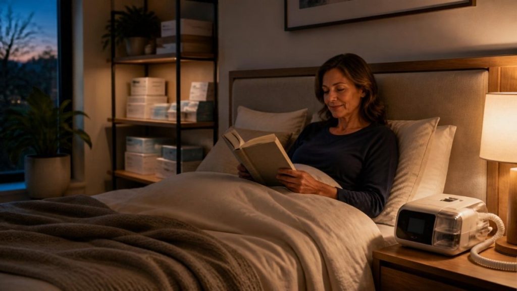 Adult reading in a calm bedroom with neatly stored medical supplies