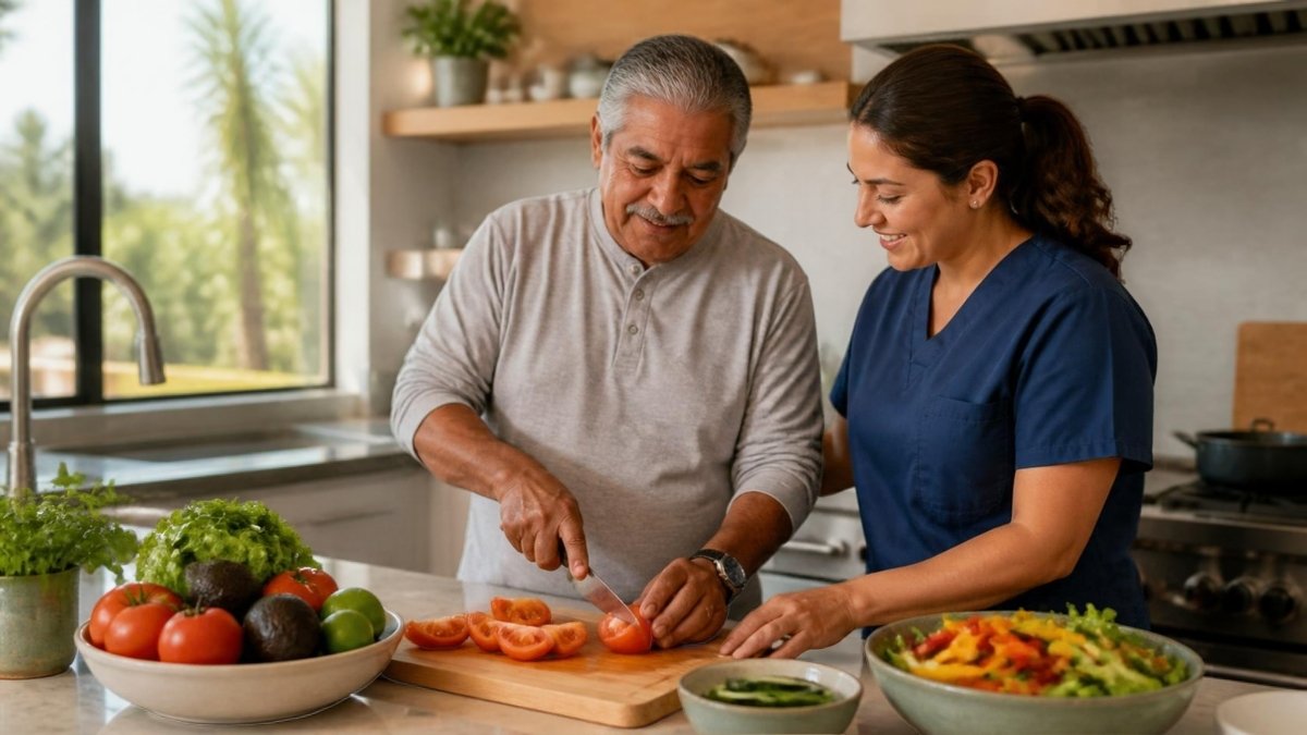 Home caregiver helping an older man prepare a meal in his kitchen