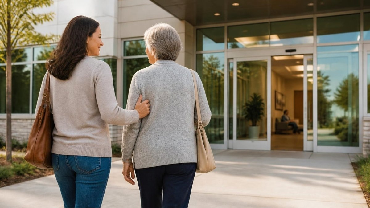 Adult daughter walking her mother into an outpatient clinic